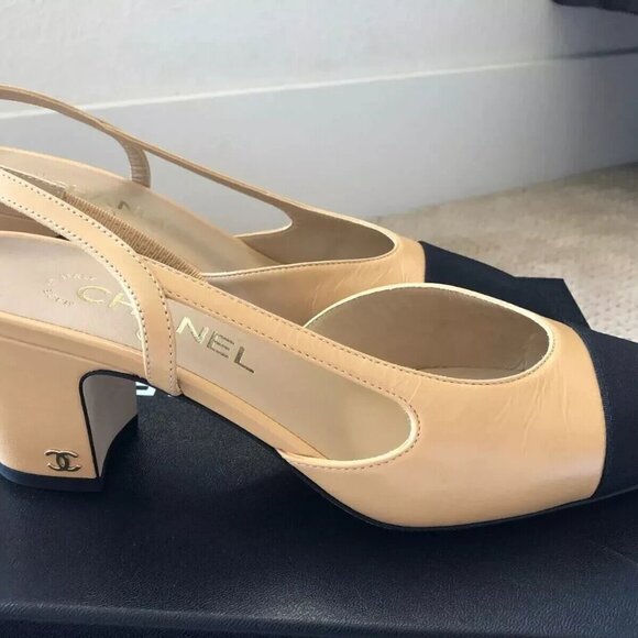 Chanel Beige/Black Goatskin Cap Toe Slingback Pumps - Picture 5 of 7